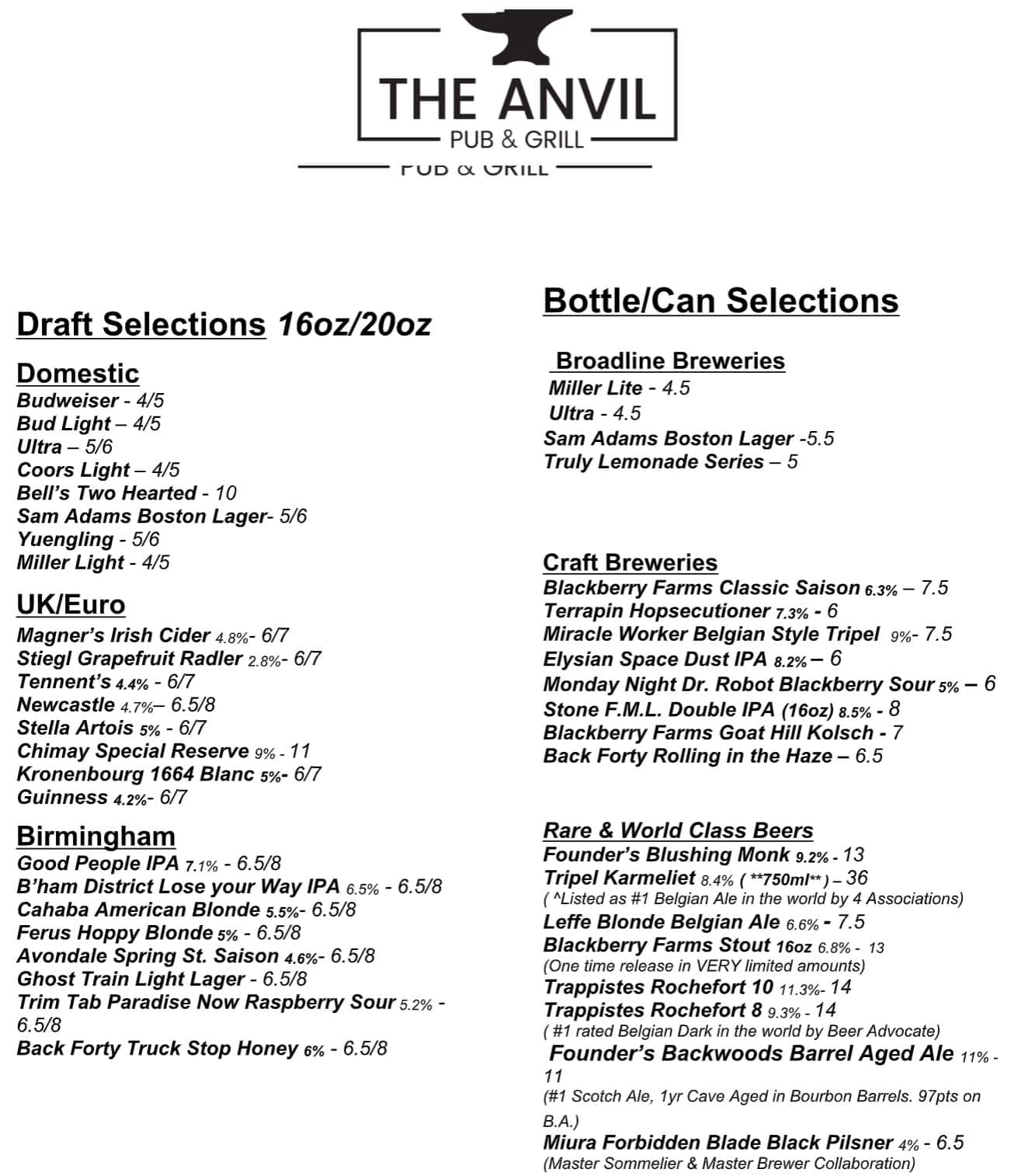 The Anvil Pub and Grill Drinks Menu
