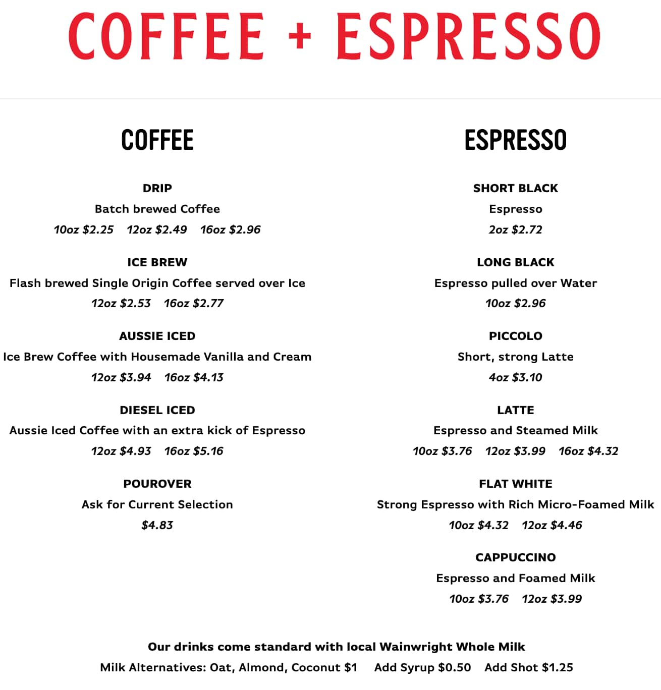 The Kookaburra Coffee Coffee and Espresso Menu