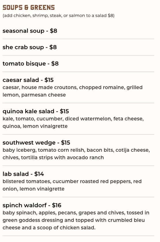 The Lab Bar and Kitchen Lunch and Dinner Menu