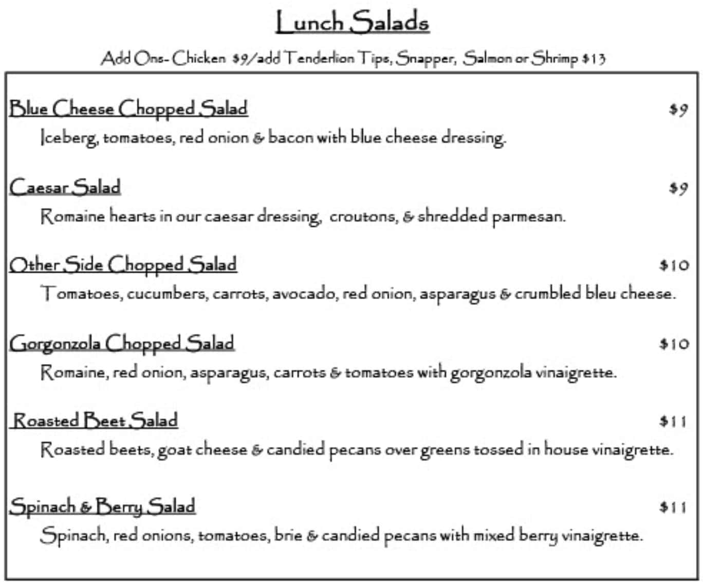 The Other Side Bistro Lunch Menu