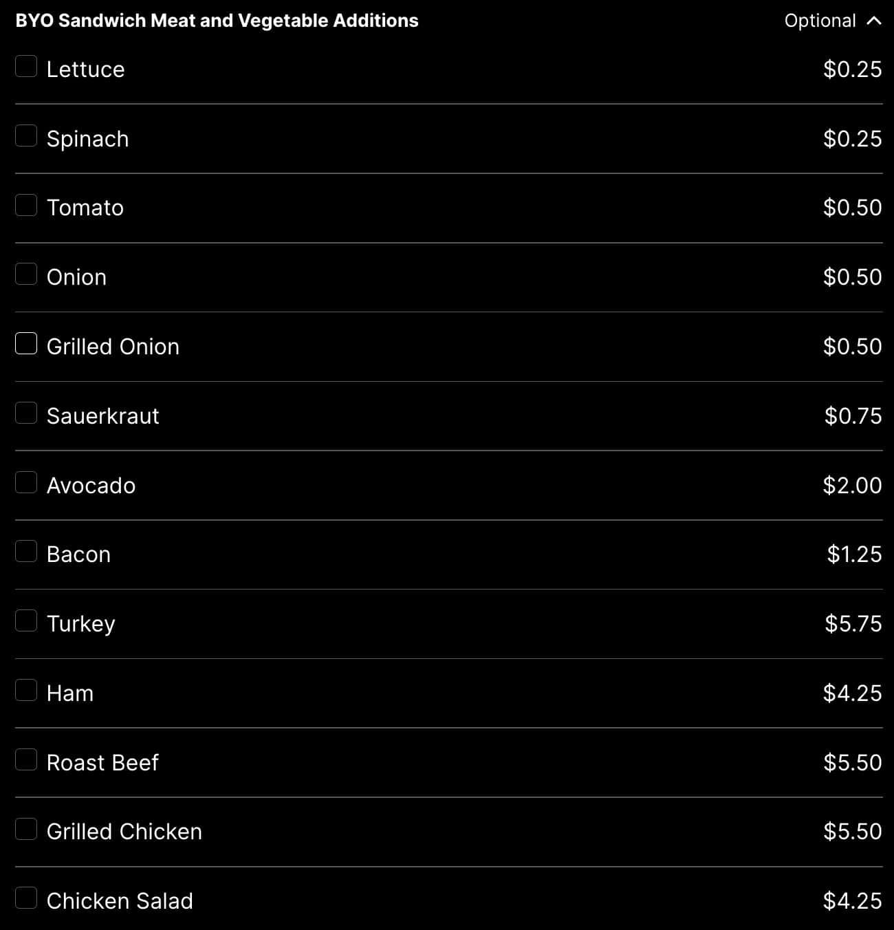 The Pod Build Your Own Sandwich Menu