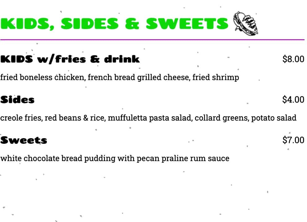 The Rougaroux Kids, Sides, and Sweets Menu