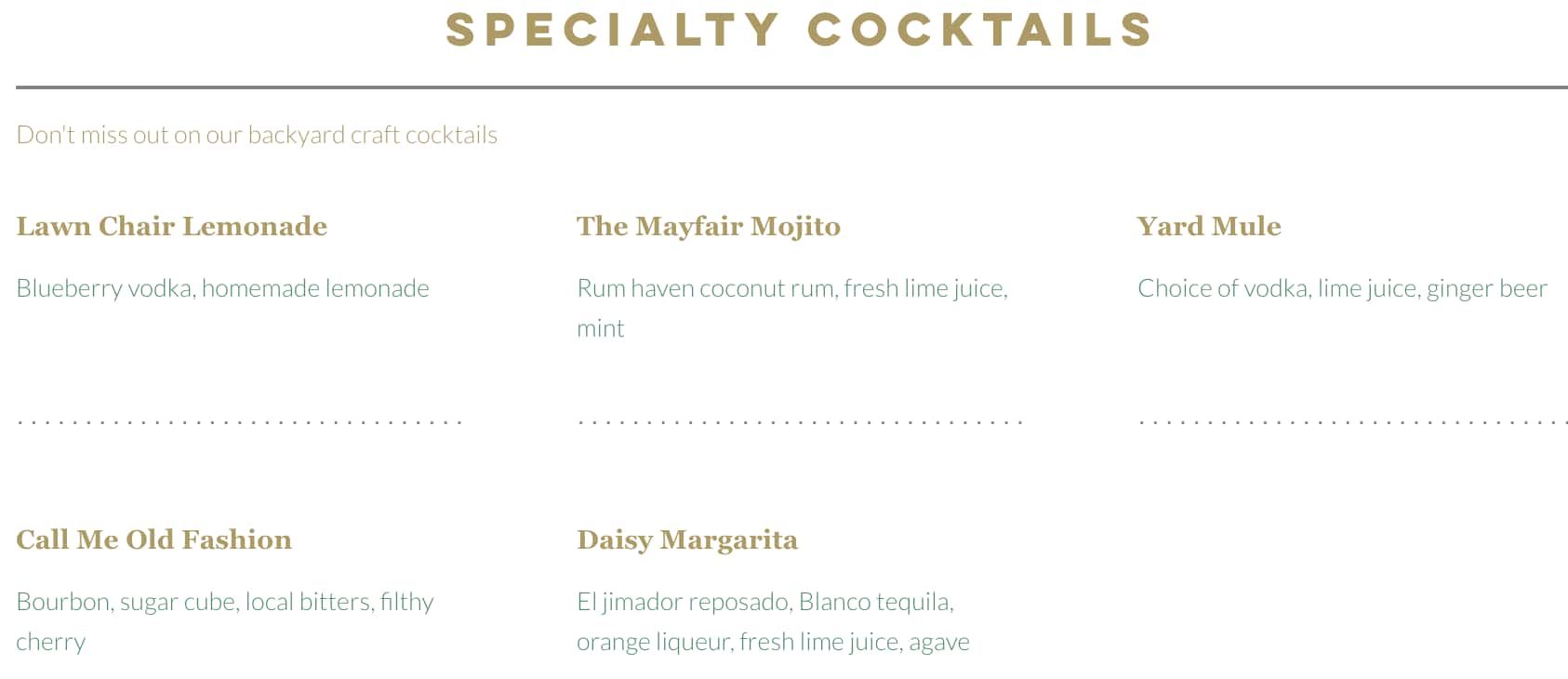 The Yardery Specialty Cocktails Menu