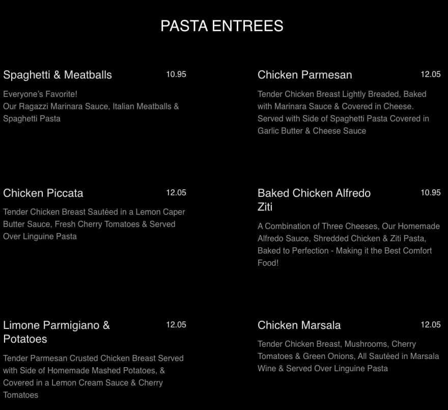 Tre Ragazzi's Italian Cafe Pasta Menu