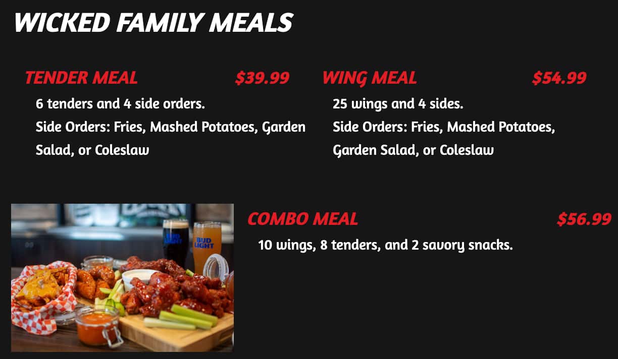 Wicked Chicken Family Meals Menu