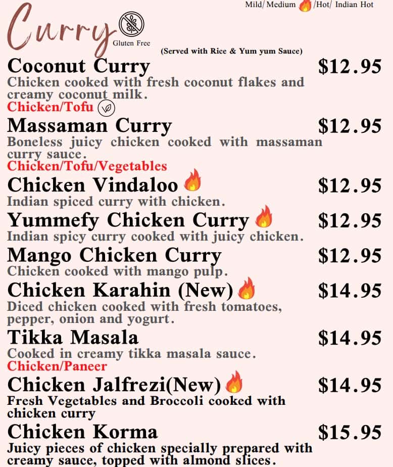 Yummefy Asian Restaurant Curry Menu